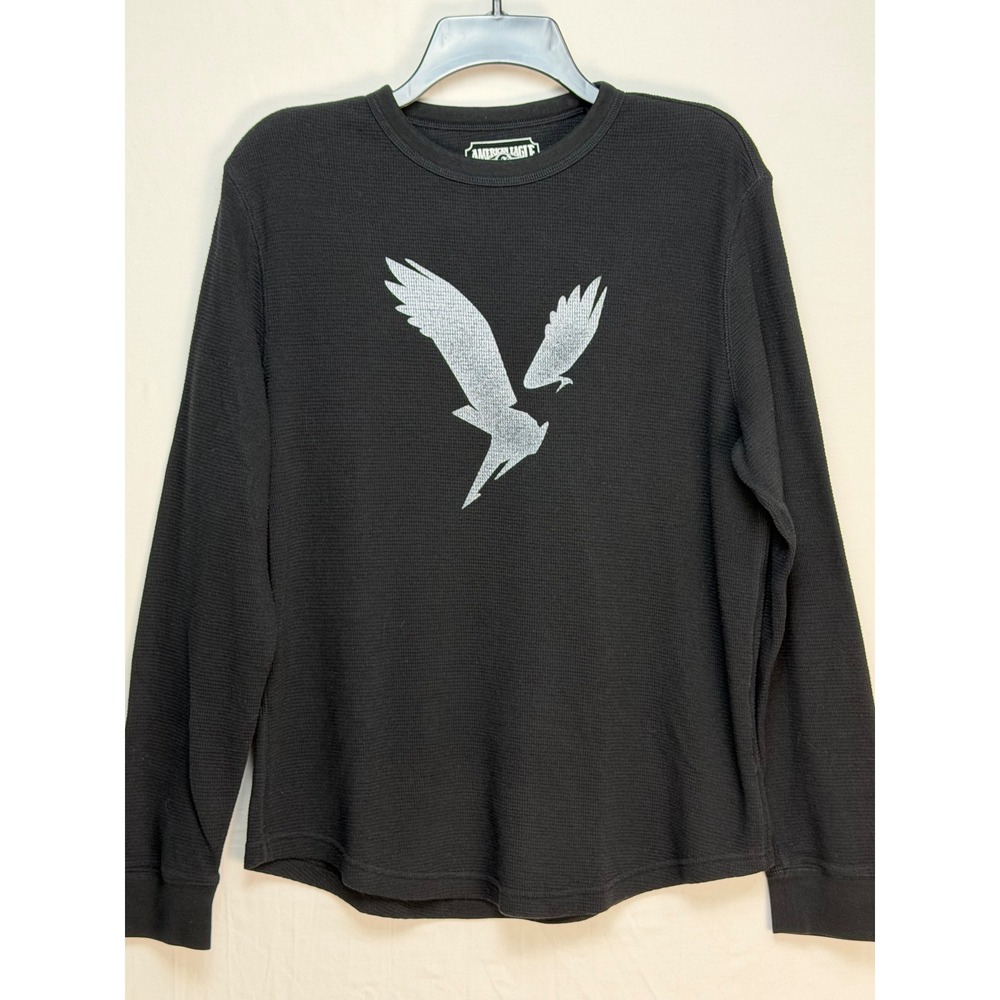 American Eagle Mens Thermal Shirt M Black Silver Eagle Graphic Waffle Knit Top